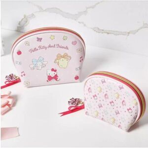 HELLO KITTY AND FRIENDS 2 PIECE COSMETIC BAG SET PINK TRAVEL MAKEUP POUCH WITH B